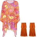 Adult wearing a vibrant tie-dye cloak with bell sleeves, showcasing the spandex fabric and sleeveless design.