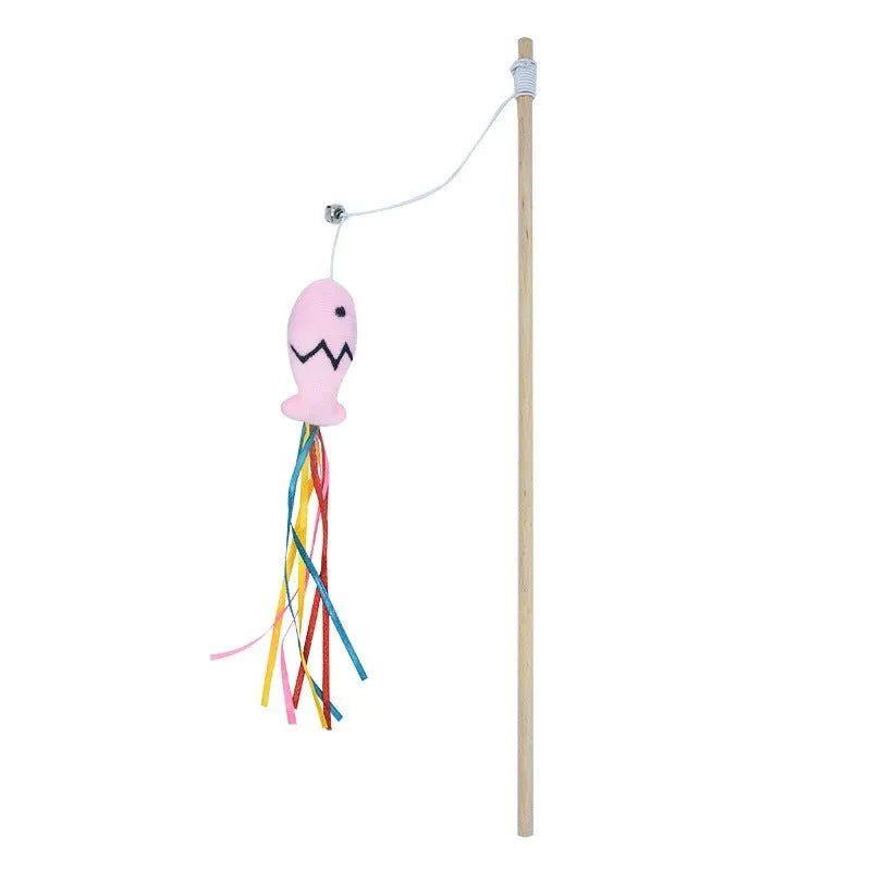 Wooden-handle cat wand toy with colourful ribbons, catnip fish, and bell for interactive indoor play