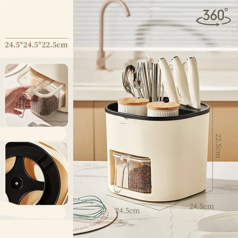 White rotating kitchen storage bucket with four compartments for cutlery and a separate spice box organiser.