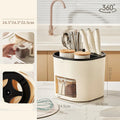 White rotating kitchen storage bucket with four compartments for cutlery and a separate spice box organiser.