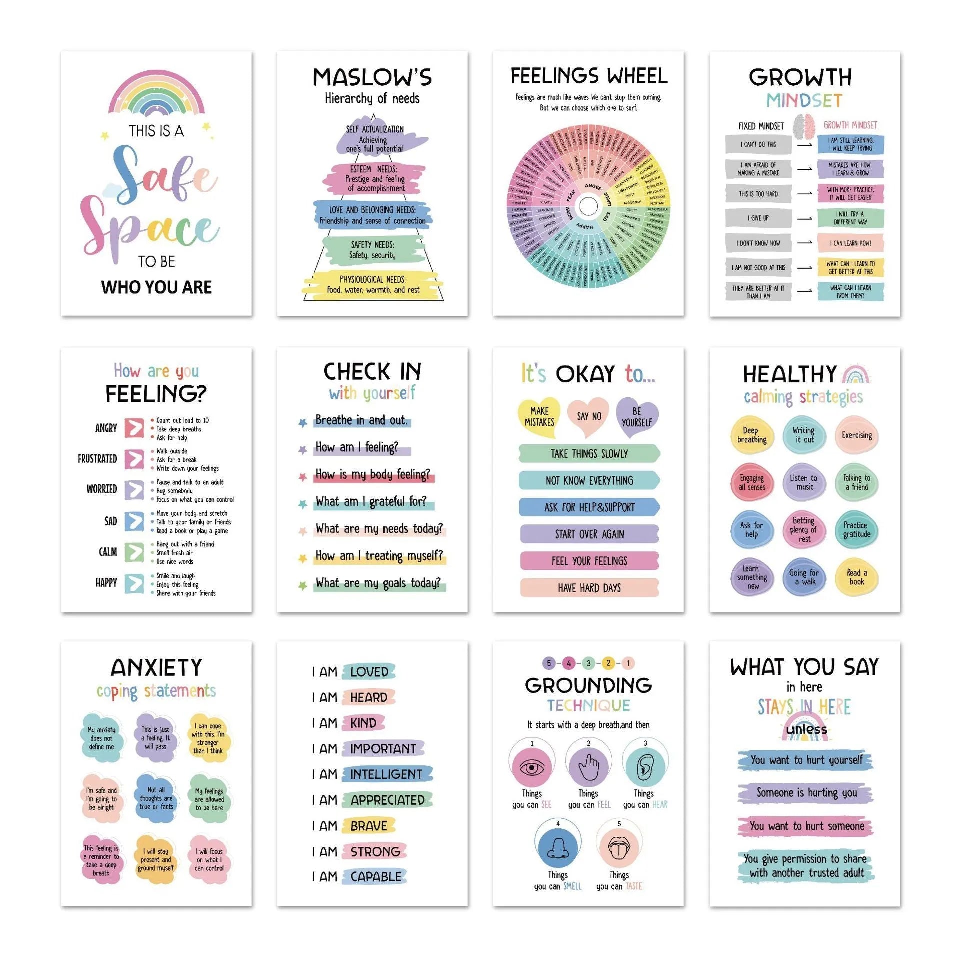 Set of 12 mental health posters with bright film finish, each 255x355mm, on a white background with 60 glue dots