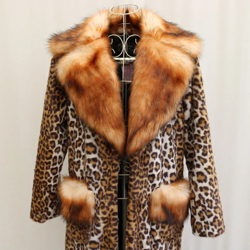 Women's long leopard print artificial fur jacket on a hanger, showing regular sleeves and full length.