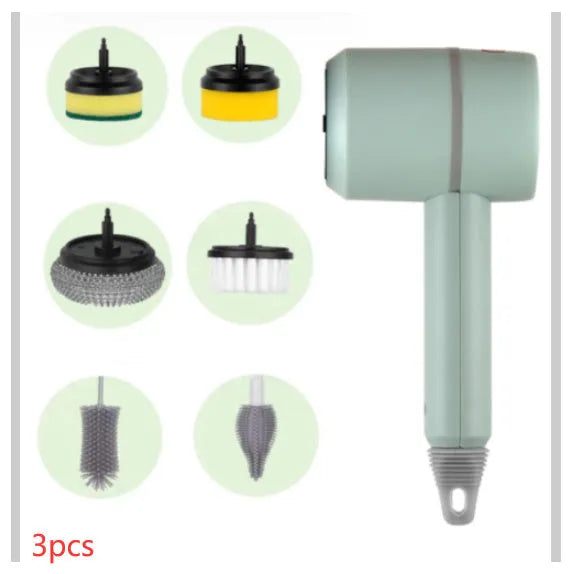 Green electric cleaning brush with three interchangeable scouring pad, brush, and sponge heads on a white background.