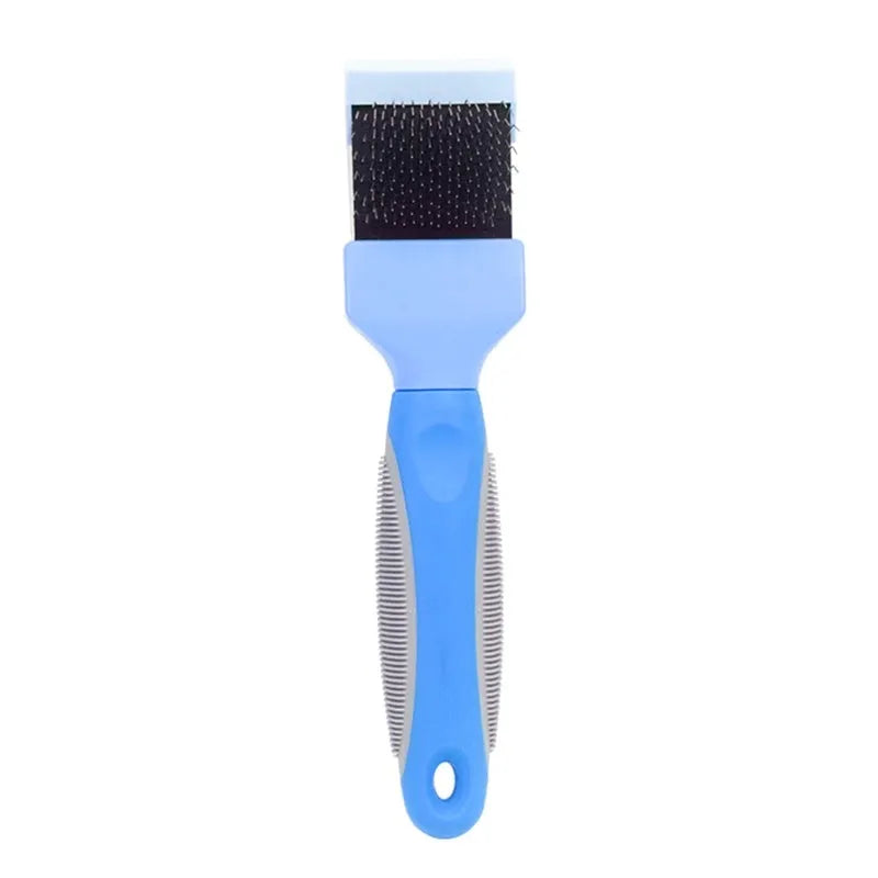 Double-sided pet brush with stainless steel pins and blue ABS handle for dog and cat grooming
