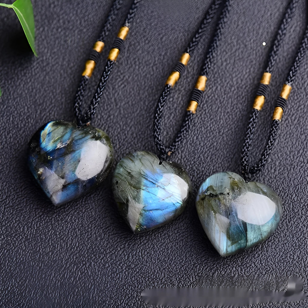 Natural labradorite moonstone Heart Of The Ocean necklace with blue crystal pendant