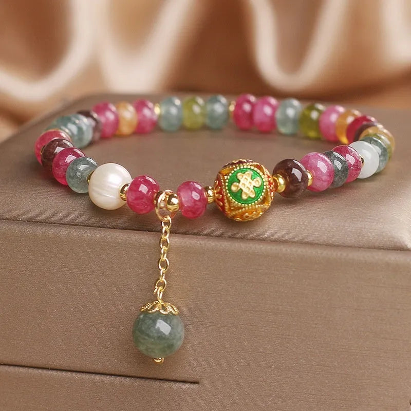 Natural colour tourmaline abacus beads jade bracelet with pearl accents for women ethnic style