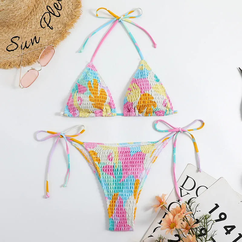 Multicolour floral gradient triangle bag bikini swimsuit with smocking detail for women.