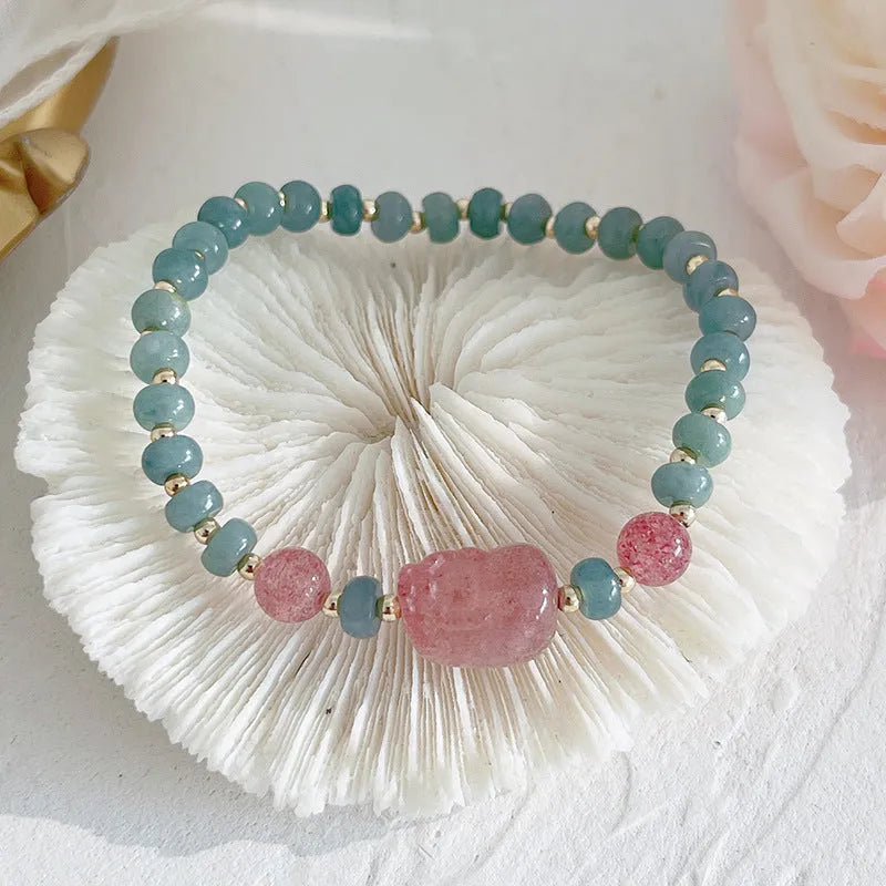 Women's simple ethnic style jade bracelet with Hetian jade gourd bead, peace buckle charm, and fu character pendant