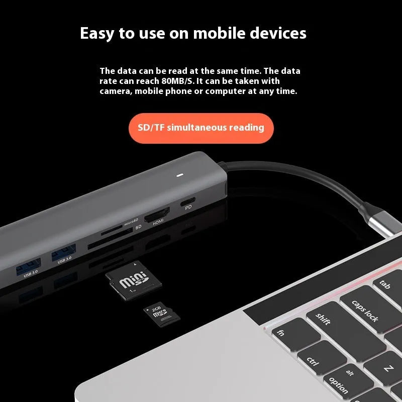 LQT-LH07 7-in-1 USB-C card reader and computer hub with multiple ports.