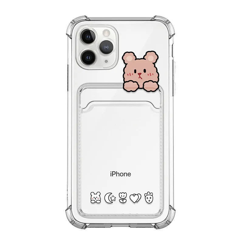 Cartoon design transparent TPU iPhone case with a built-in card holder slot on the back.