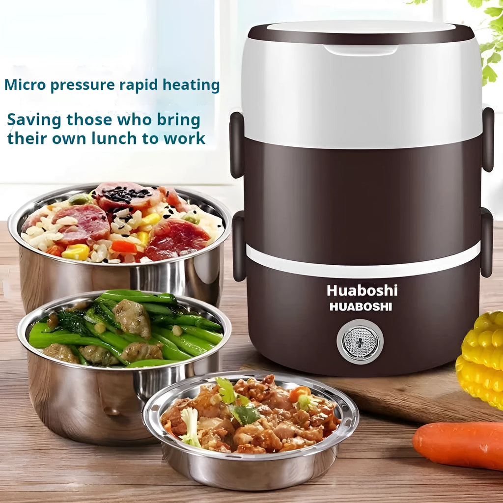 Portable plug-in insulated lunch box with stainless steel inner liner, coffee colour, double layer configuration, on a desk