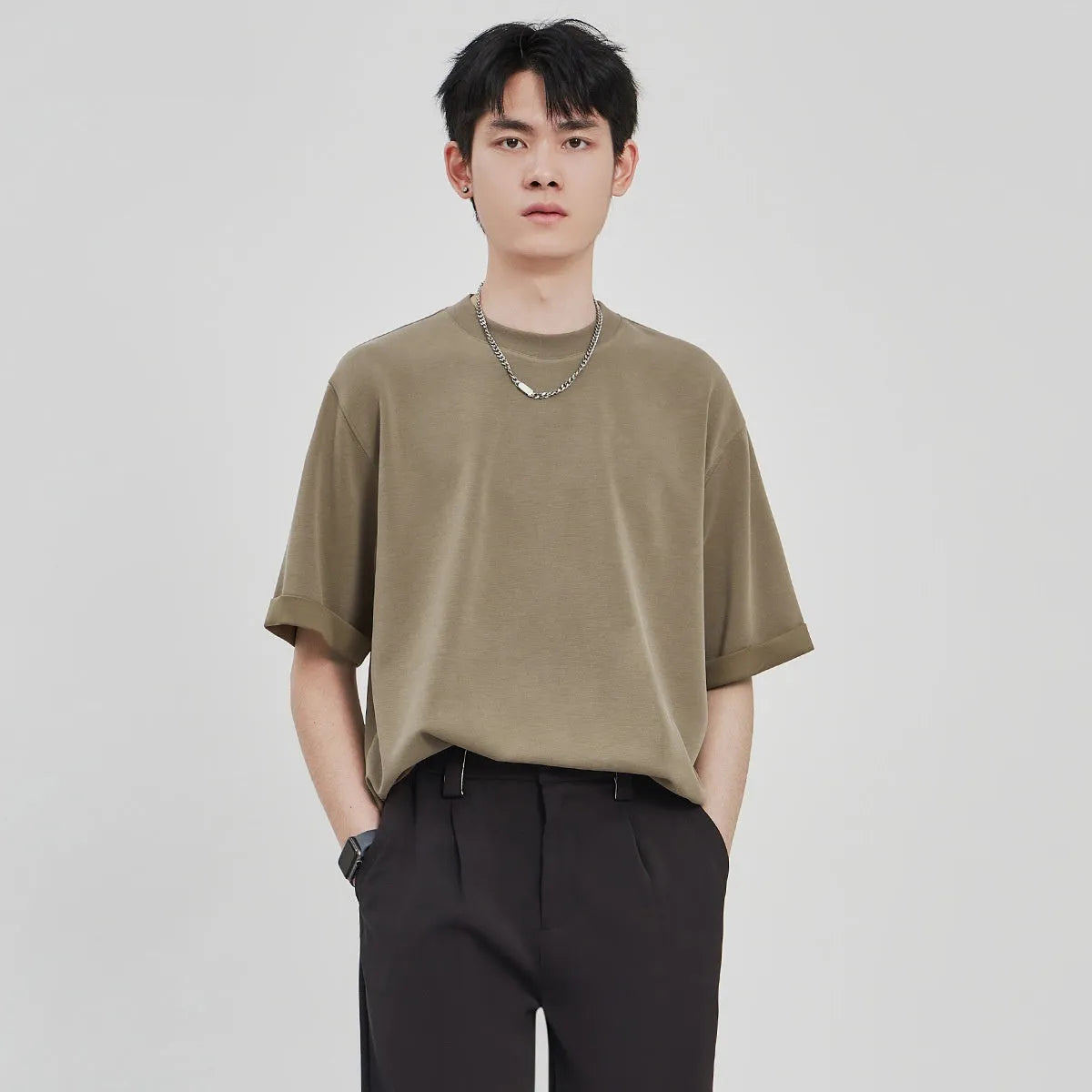 Men's drape knit loose fit T-shirt in black, brown or white solid colours