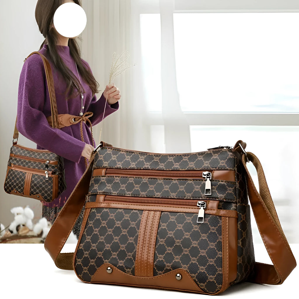 Brown women's crossbody bag with textured stitching pattern and adjustable strap showing interior polyester lining