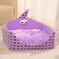 Green triangular plush cat bed with a removable sponge insert, shown disassembled.