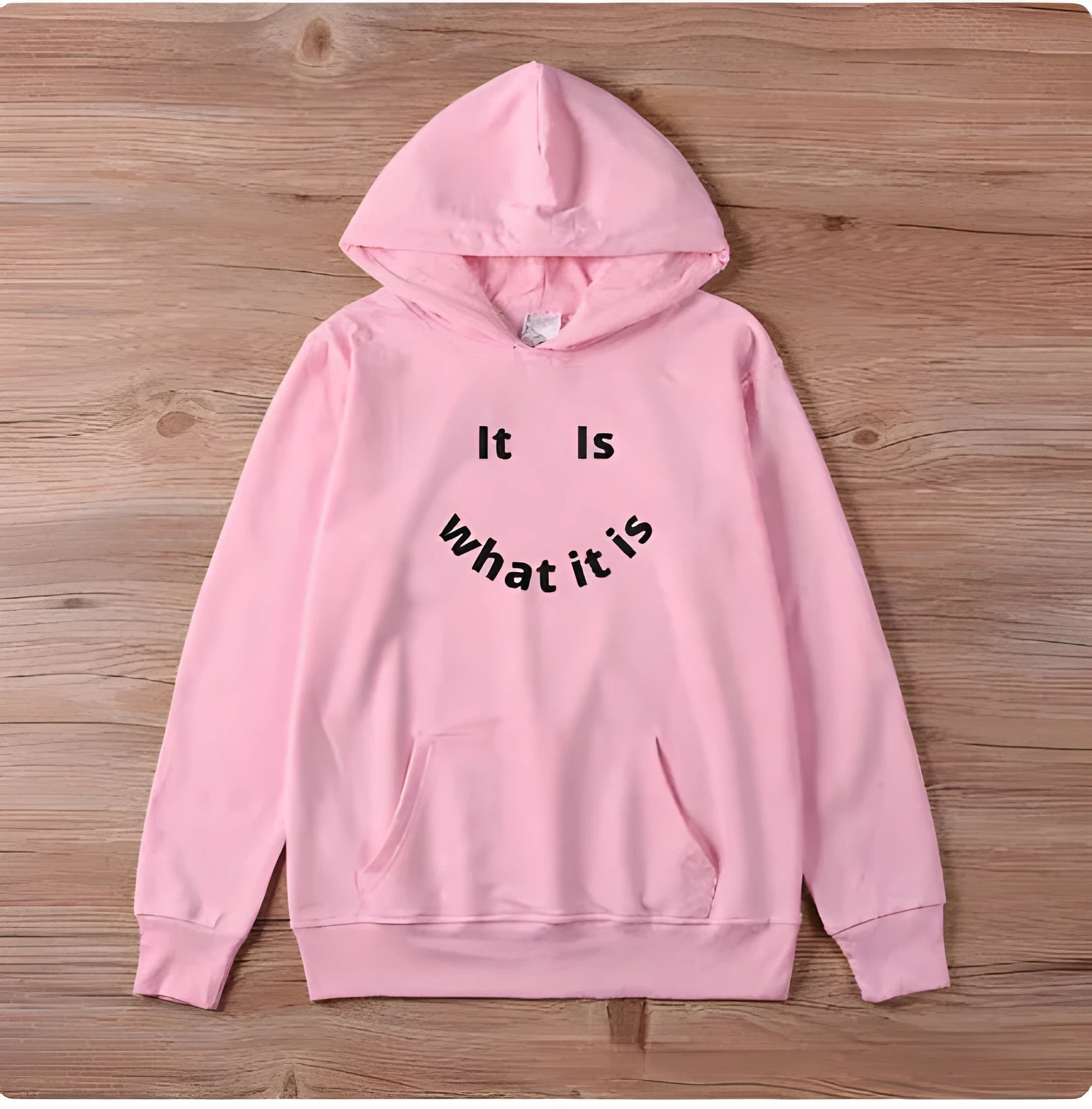 Fleece-lined hoodie sweater with smiley face print, regular fit, long sleeves, polyester fabric, available in black and pink