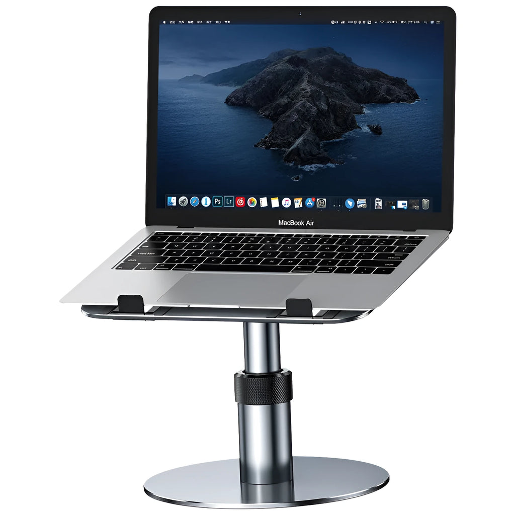 Silver aluminium car laptop stand with adjustable height and rotating pole