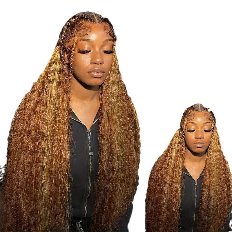 Long curly lace wig with highlight gradient, high-temperature fibre, medium small volume, multiple colours