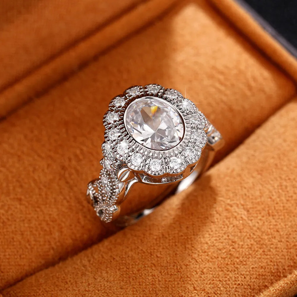 Geometric round zircon ring in white gold colour on copper base with full diamond plating