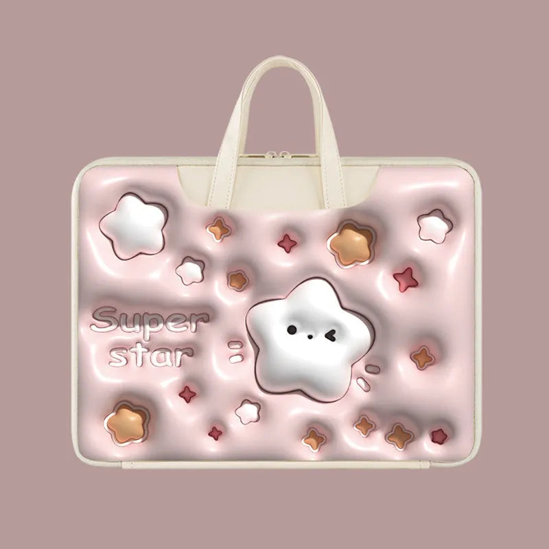 Inflatable laptop bag in PU leather with hanging strap, showing cute panda design for 13-15.6 inch laptops
