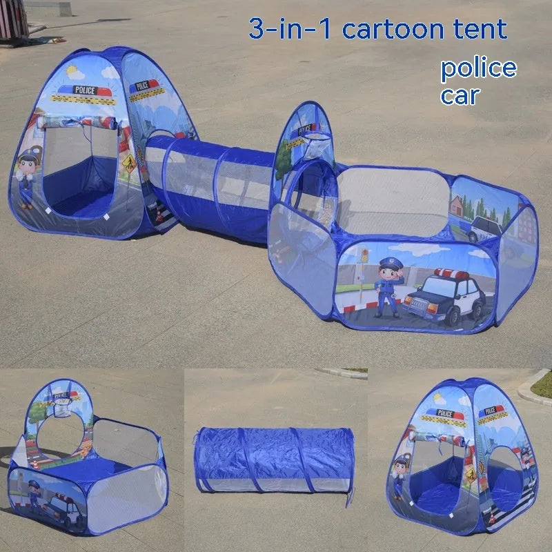 Three-in-one children's play tent set with inflatable ball pool and connecting tunnel in cartoon marine design