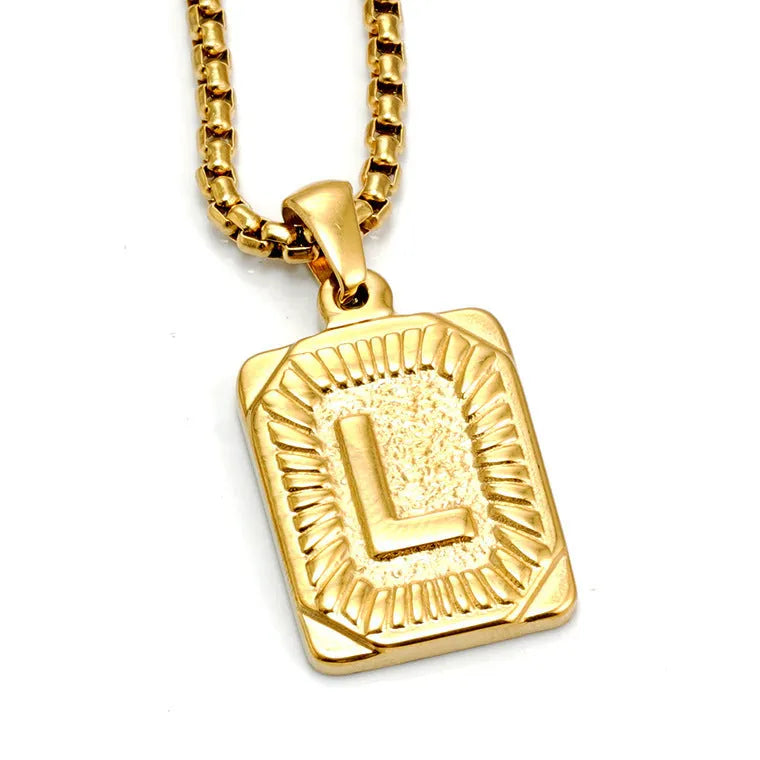 Gold-plated 18K titanium steel letter pendant necklace on a pearl chain, unisex design, gold colour