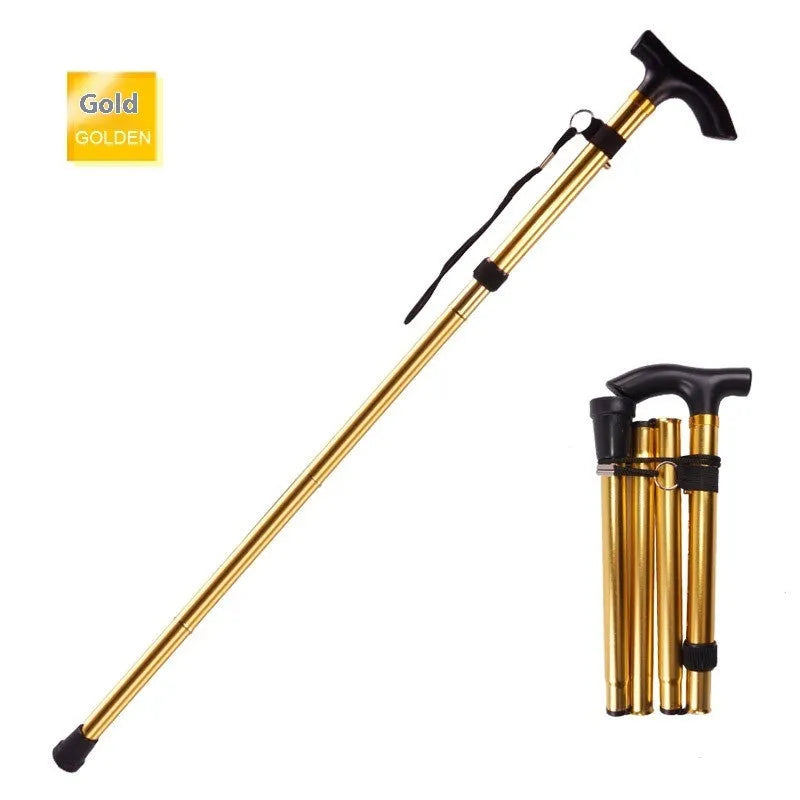Aluminium alloy folding walking cane extended, showing adjustable sections and non-slip rubber foot.