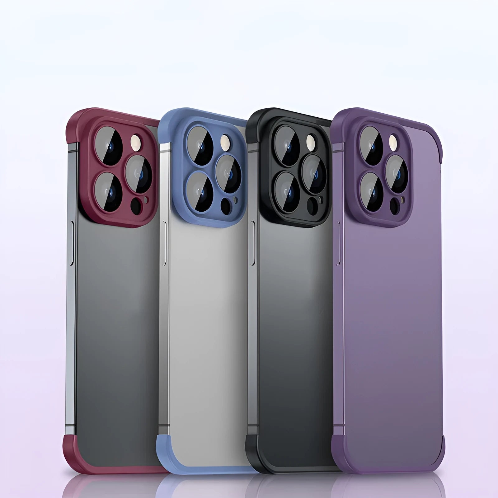 Dark purple corner-pad TPU mobile phone case for iPhone with integrated glass camera lens film.