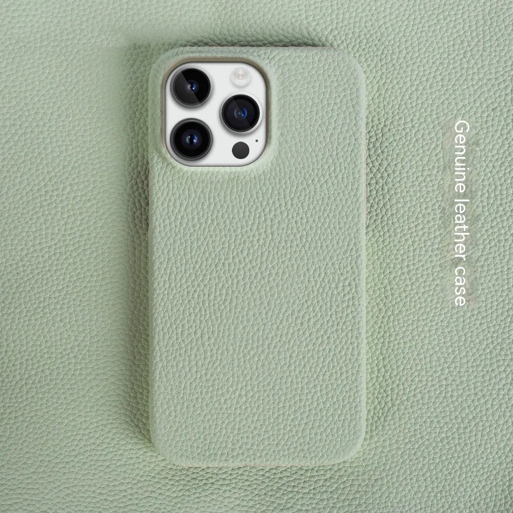 Handmade genuine leather drop-resistant half-pack phone case cover for iPhone 11-15 series in green colour