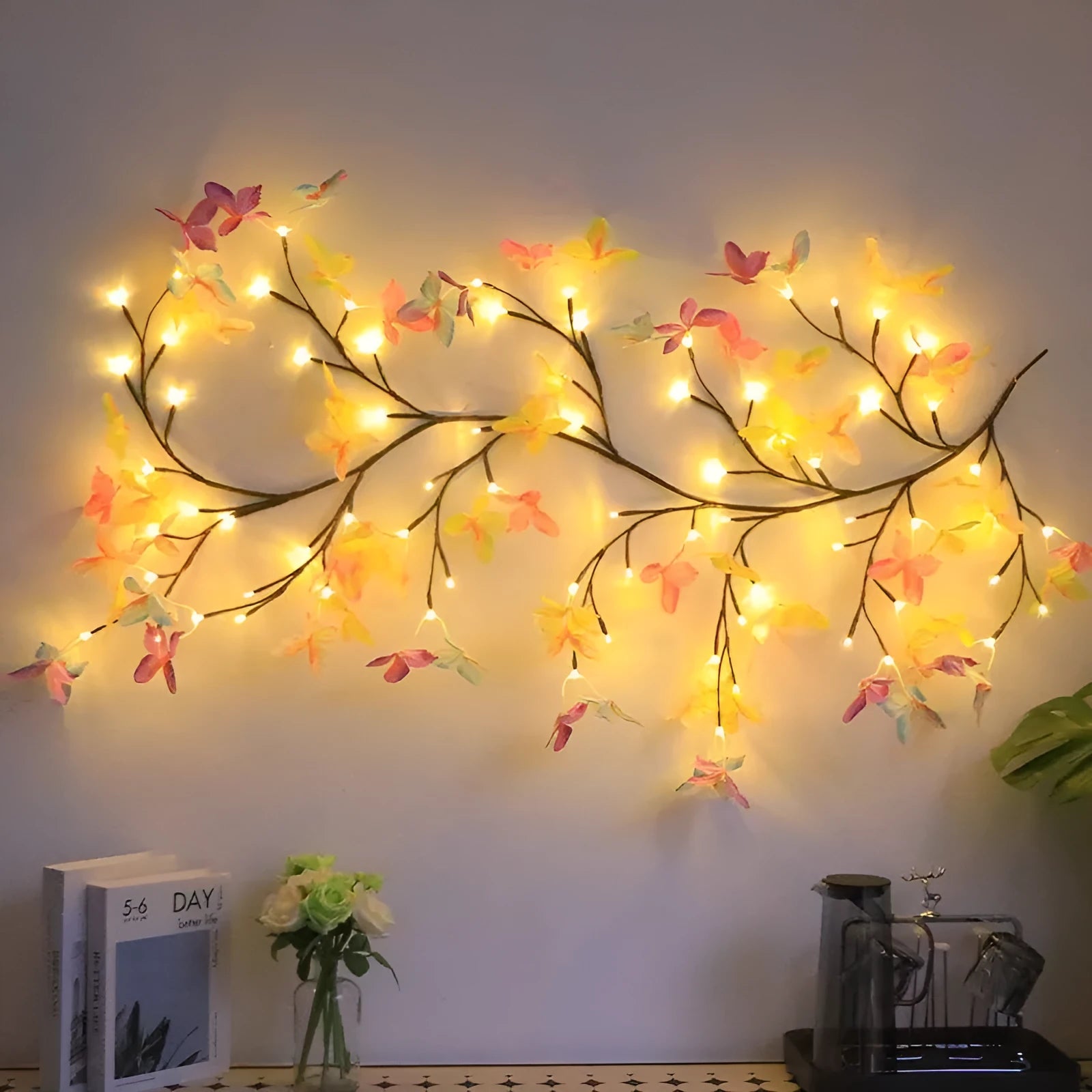 Flexible LED butterfly tree lamp with colourful ornaments on 1.8 metre rattan vines