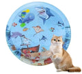 Blue 90cm diameter cat water playmat on floor with floating fish toys inside, shown with an inflator.