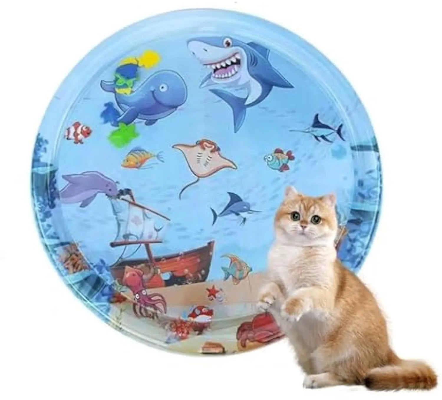 Blue 90cm diameter cat water playmat on floor with floating fish toys inside, shown with an inflator.