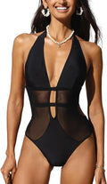 Black women's one-piece swimsuit with mesh panels and V-neck design