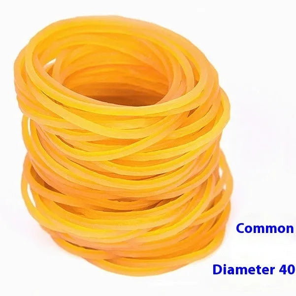 Yellow rubber bands bulk pack showing multiple diameters from 16mm to 70mm for office and packaging use