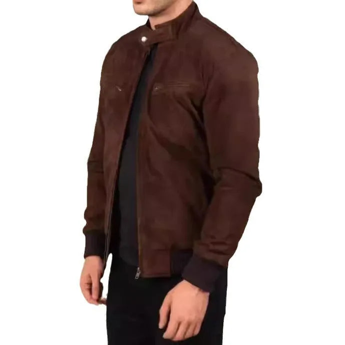 Vintage brown suede jacket for men with front zipper and size stick pockets, long sleeves, and straight hem.