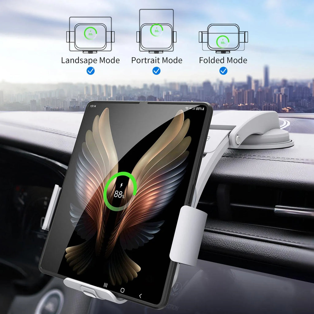 Grey wireless charging car phone holder with folding screen shown with air vent clip and suction cup bracket.