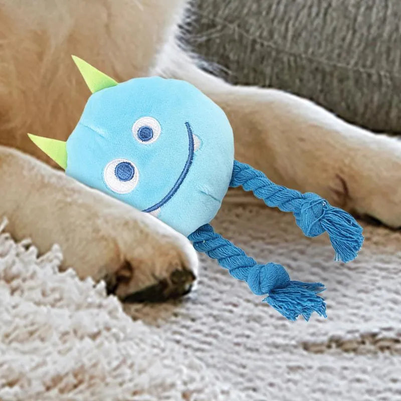 Blue and yellow dog squeaky toy with knot design made from cotton rope and PP cotton filling