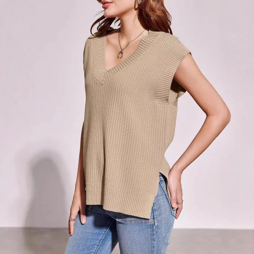 V-neck sleeveless pullover vest in viscose fabric available in camel and white colours