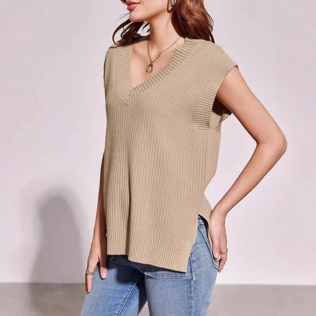 V-neck sleeveless pullover vest in viscose fabric available in camel and white colours