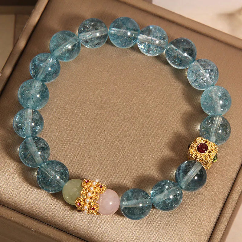 Blue crystal bracelet with Chinese style design featuring cube sugar colourful crystals