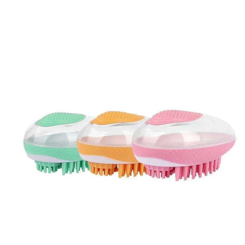2-in-1 dog cat bath brush with soft silicone bristles in green non-slip grip design