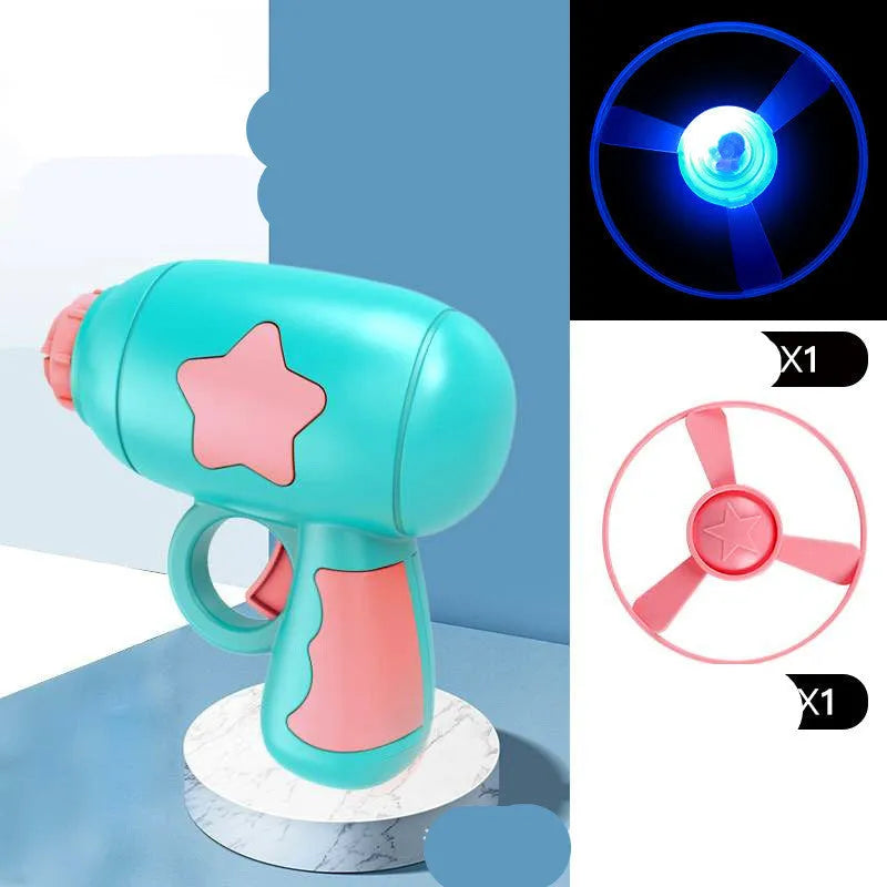 LED flashing flying saucer launcher toy set with colourful discs and gun