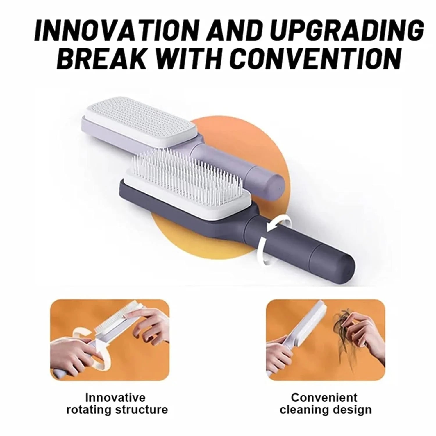 Self-cleaning hair brush with anti-static massage comb in purple colour