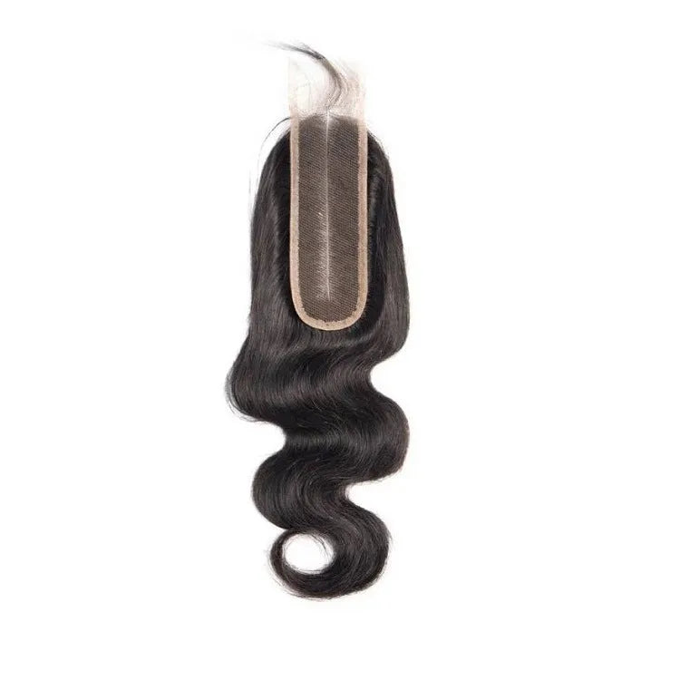 A straight, natural colour human hair wig for women on a stand, showing its length.