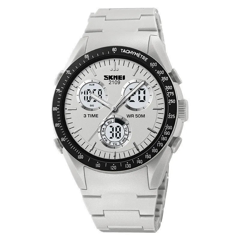 Unisex digital watch with camouflage strap, resin lens, and stainless steel button on a wrist.