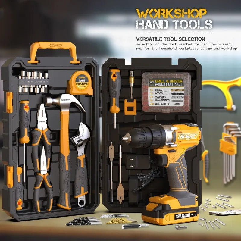 Grey yellow case open to reveal an 82-piece chrome-vanadium steel tool kit for furniture installation.