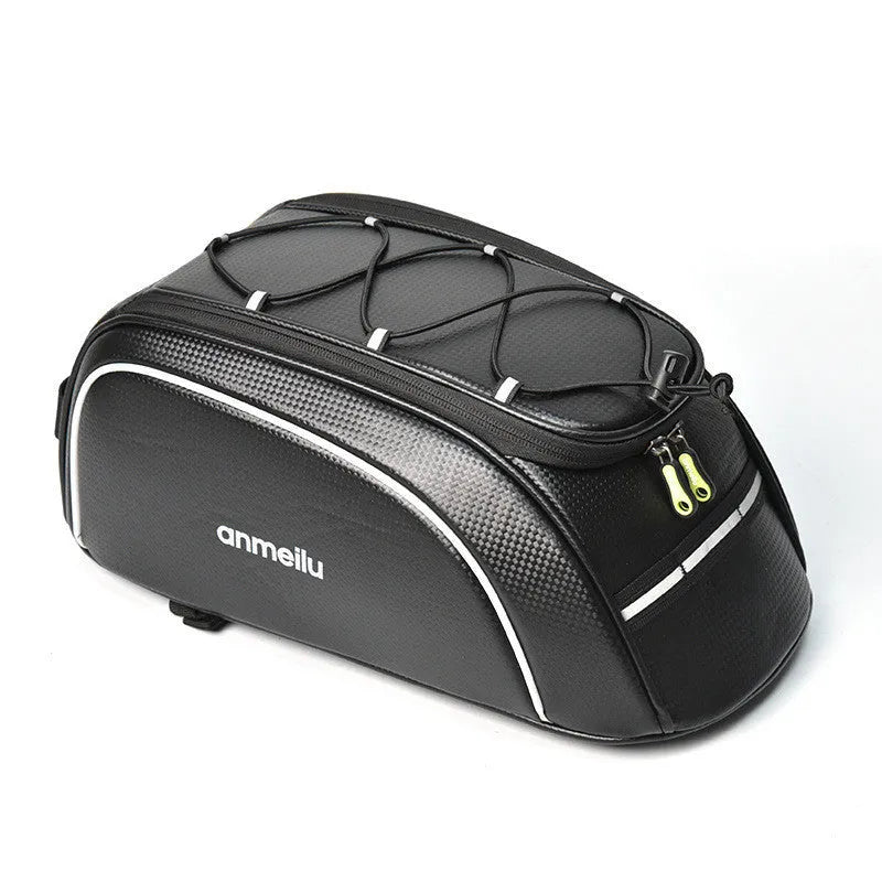 Waterproof black cycling bag mounted on bicycle rack with 8L capacity