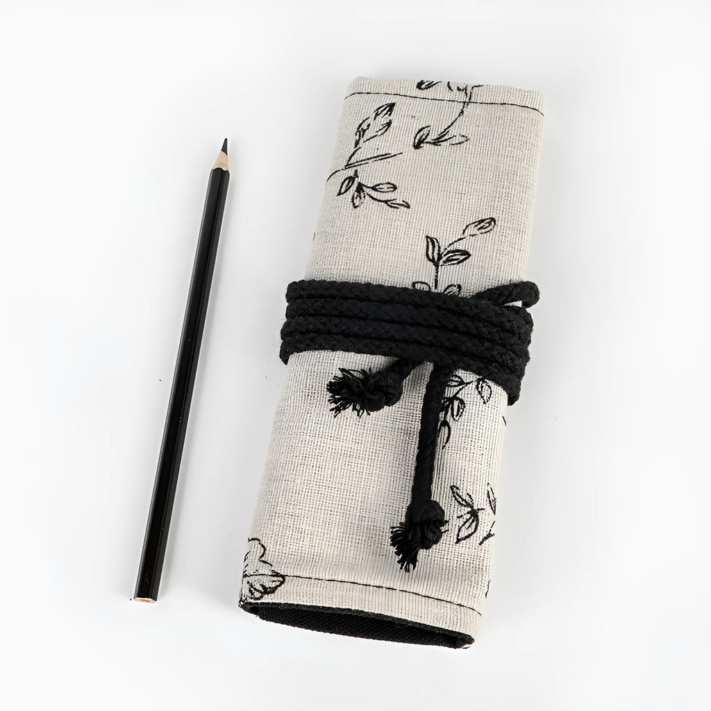Black Peony floral print cotton hemp pencil roll bag, shown open with 24 holes.