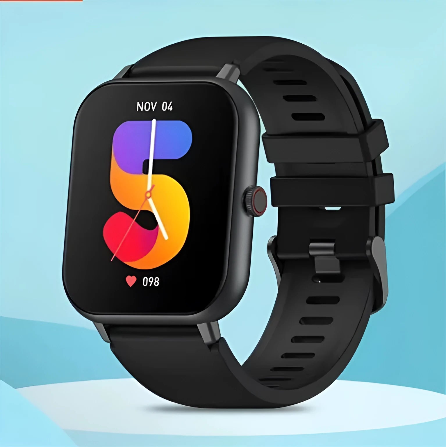 Black Bluetooth smart watch with TFT touch screen displaying heart rate and step count.