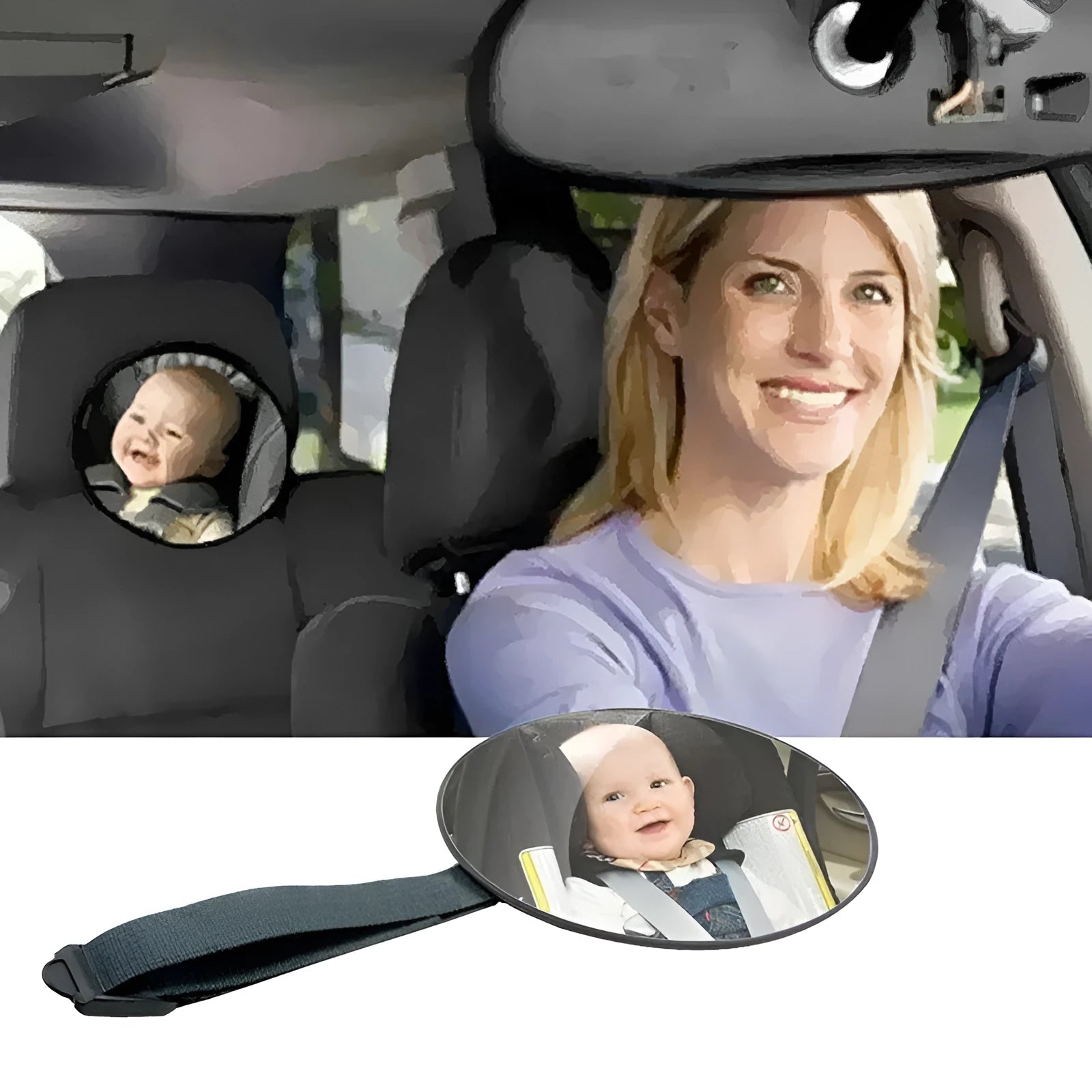 Black baby safety seat rearview mirror with 17cm glass and locking strap for cars