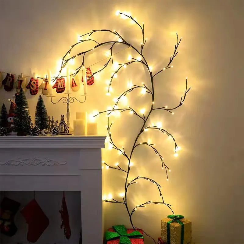 Flexible LED willow vine garland with warm white lights shaped into decorative curve